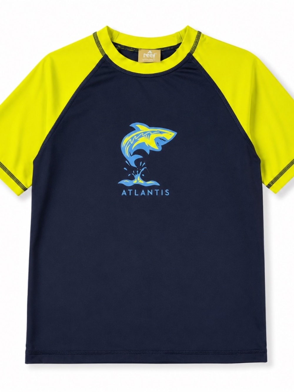 Reef Atlantis Rash Guard Navy Neon Yellow Short Sleeve Swim Top